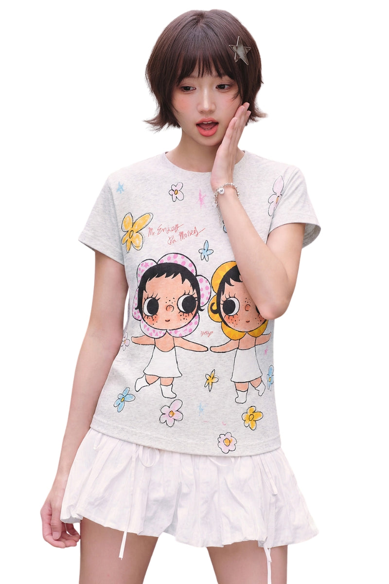 MEDM × YUY Collab Women Floral Contrast Slim Crew Neck Tee