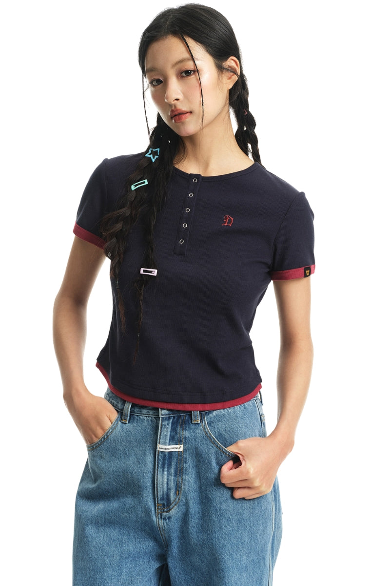 DangerousPeople DSP Women's Vintage Henley Neck Ruched Slim‑Fit Tee