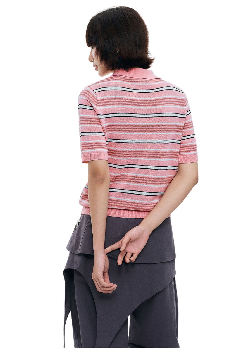 MEDM Women's Floral Stripe Knit Short Sleeve Polo Shirt