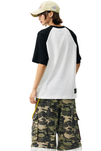 MEDM Waffle Raglan Sleeve Color Block Loose T-shirt Unisex