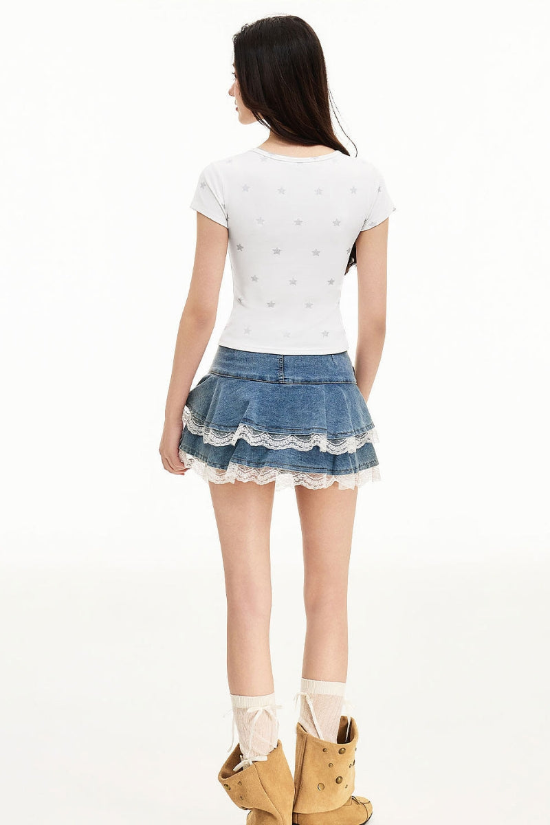MEDM Star Print V-Neck Henley Cropped Tee