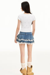 MEDM Star Print V-Neck Henley Cropped Tee