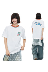MEDM Contrast Knit Collar Embroidered Couple Tee