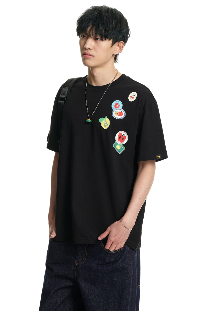 Dangerouspeople DSP Summer Fruit Badge Silver‑Foiled Print Loose Crewneck Tee