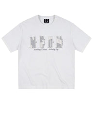 MEDM Contrast Patch Embroidered Logo Oversized Couple Crew Neck Short Sleeve T-Shirt