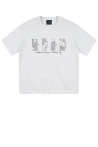MEDM Contrast Patch Embroidered Logo Oversized Couple Crew Neck Short Sleeve T-Shirt