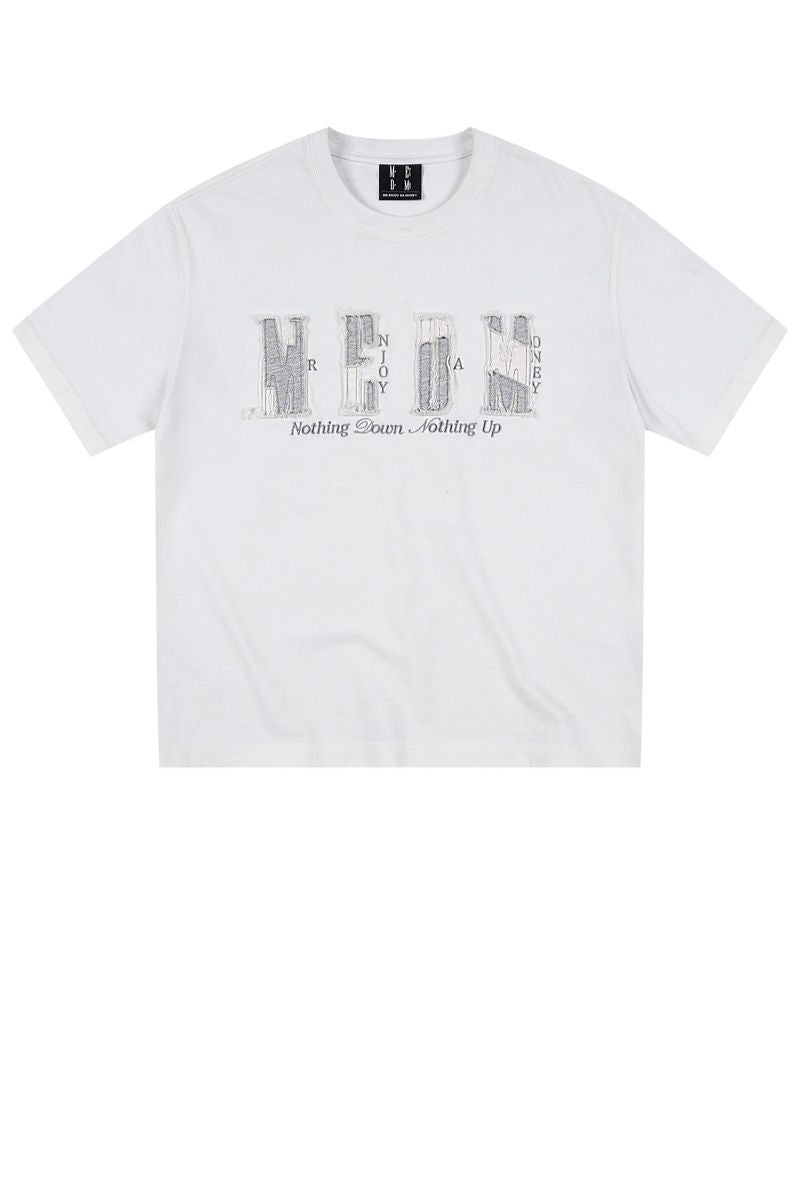 MEDM Contrast Patch Embroidered Logo Oversized Couple Crew Neck Short Sleeve T-Shirt