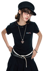 BJHG Women Colorful‑Embroidery Knitted Short‑Sleeve Tee, Set‑in‑Shoulder Slim‑Fit Top