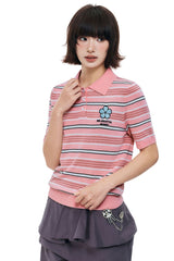 MEDM Women's Floral Stripe Knit Short Sleeve Polo Shirt