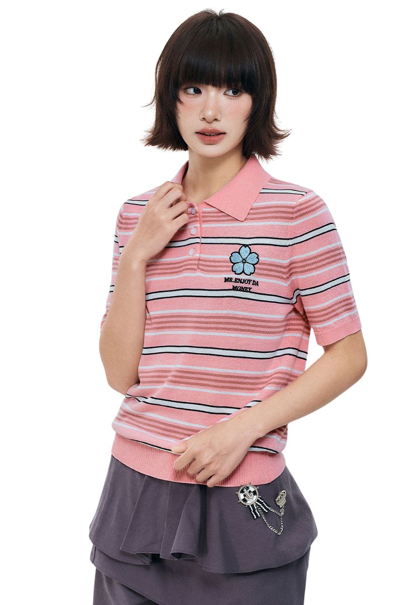 MEDM Women's Floral Stripe Knit Short Sleeve Polo Shirt