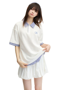 DangerousPeople DSP｜Fake Two‑Piece Dog Embroidery Oversized Drop‑Shoulder Polo Shirt