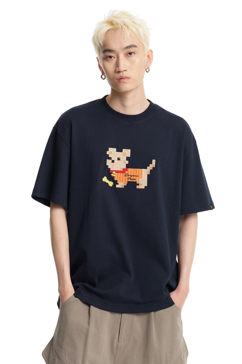 DangerousPeople DSP Vintage Dog Applique Embroidery Loose‑Fit Tee