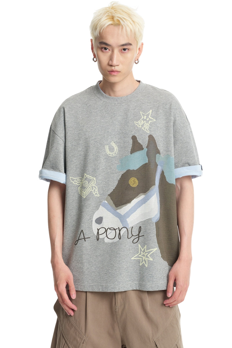 DangerousPeople DSP Pony Series Color‑Block Money‑Luck Pony Loose Tee