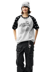 MEDM Washed Strawberry Print Raglan Polka Dot Heart T-shirt