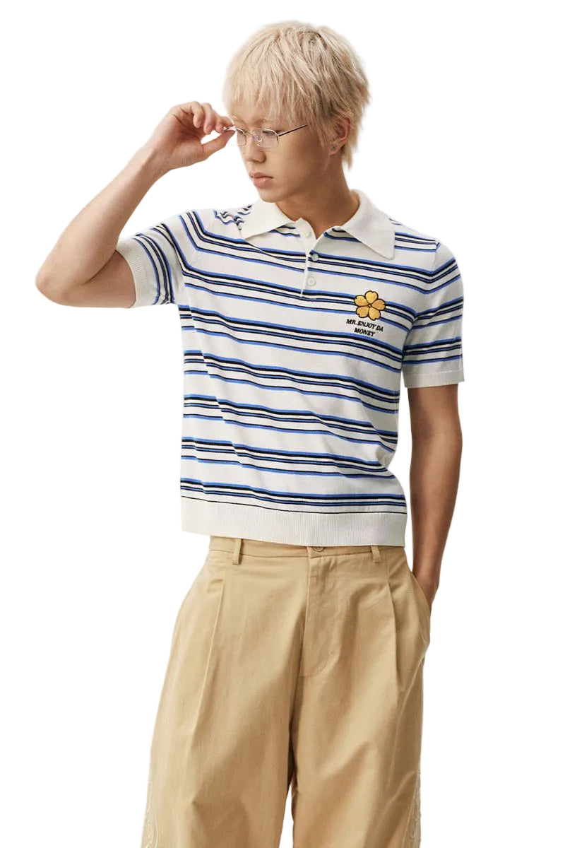 MEDM 3D Floral Stripe Knit Short Sleeve Polo Shirt for Men