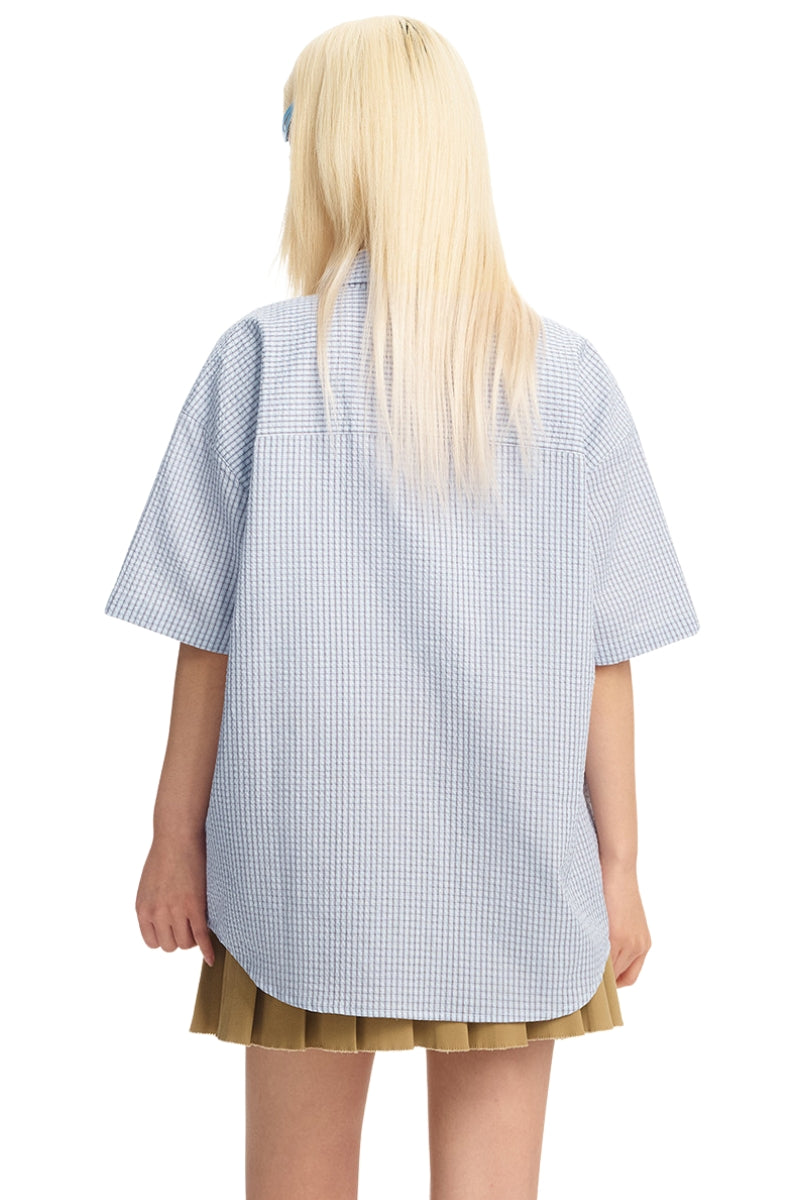 Dangerouspeople DSP｜Puzzle Patch Gingham Drop‑Shoulder Short Sleeve Shirt
