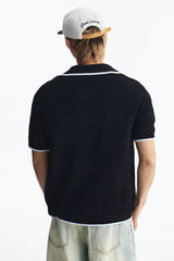 MEDM 2026 Striped Mesh Knit Collared Short Sleeve Top