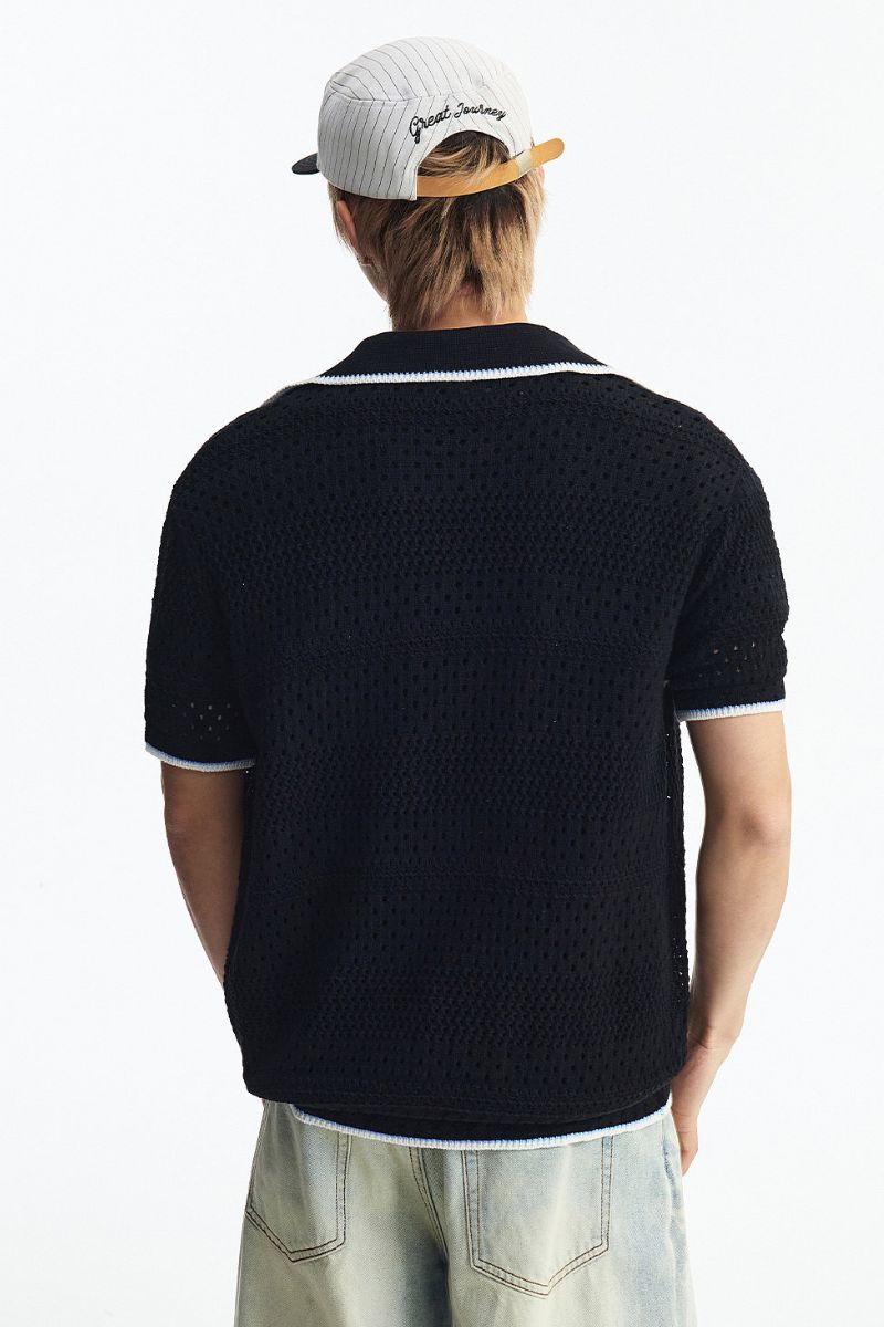 MEDM 2026 Striped Mesh Knit Collared Short Sleeve Top