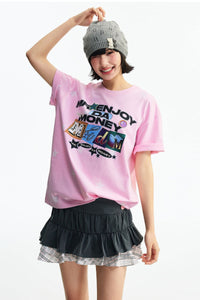 MEDM All Over Print Star Letter Embroidery T-shirt, Loose Crew Neck Couple Tee