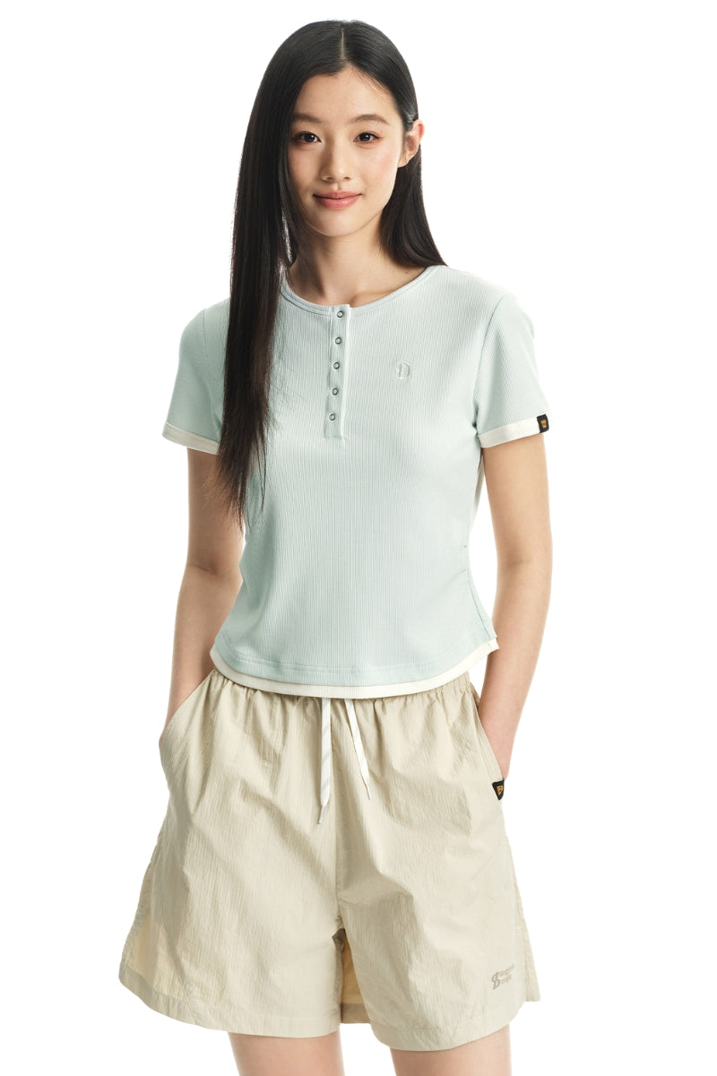 DangerousPeople DSP Women's Vintage Henley Neck Ruched Slim‑Fit Tee