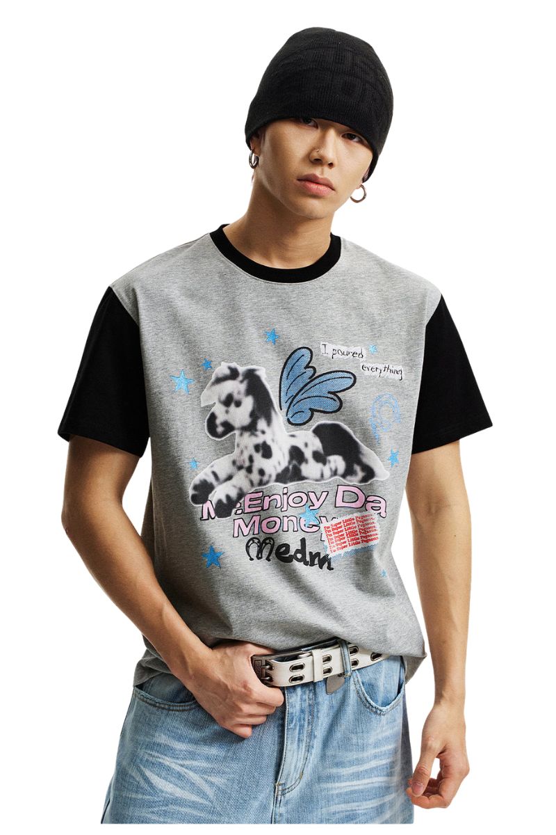 MEDM Blurry Pony Print Glitter Stars Crew Neck T-shirt