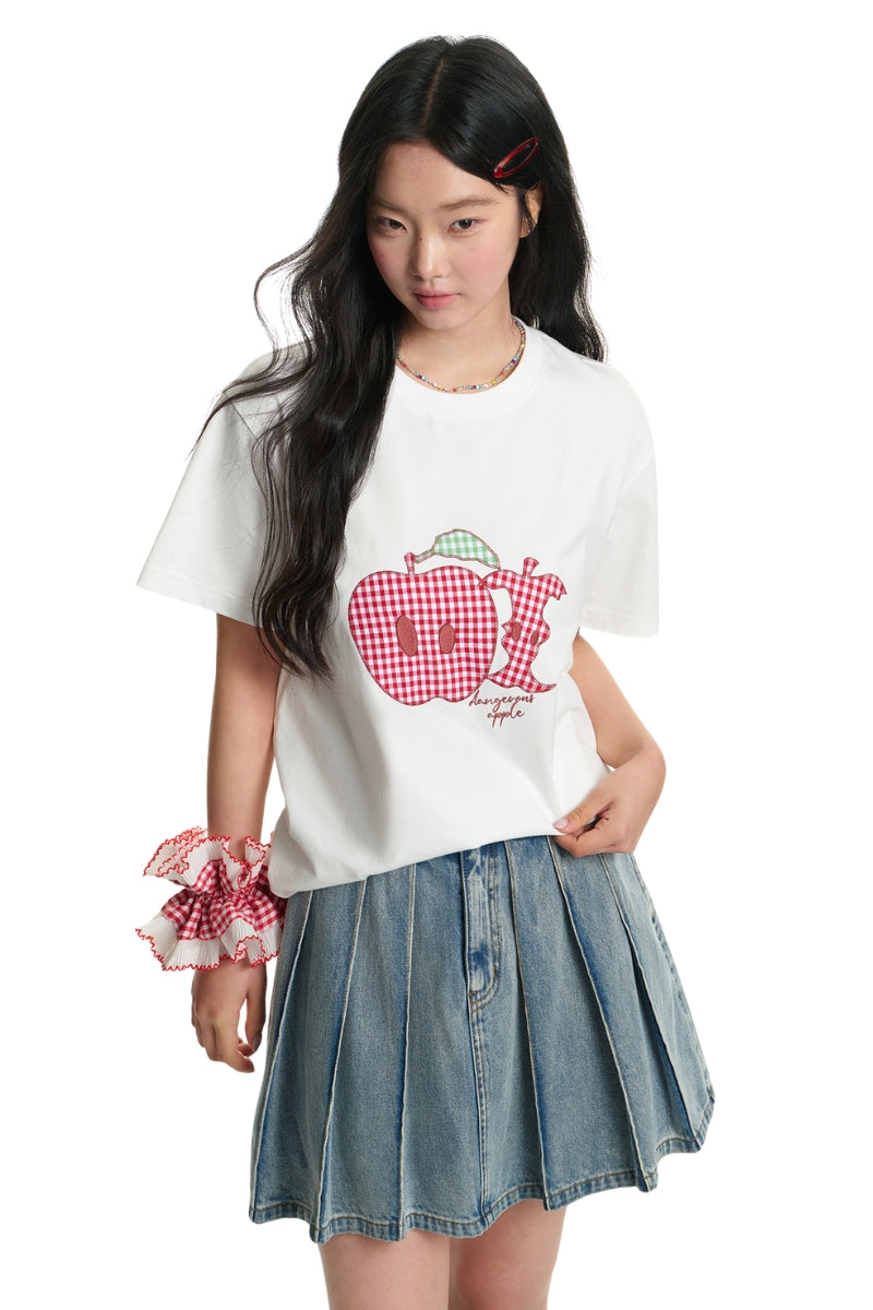 Dangerouspeople DSP Asymmetrical Eye Plaid Patch Fruit Print Casual Tee