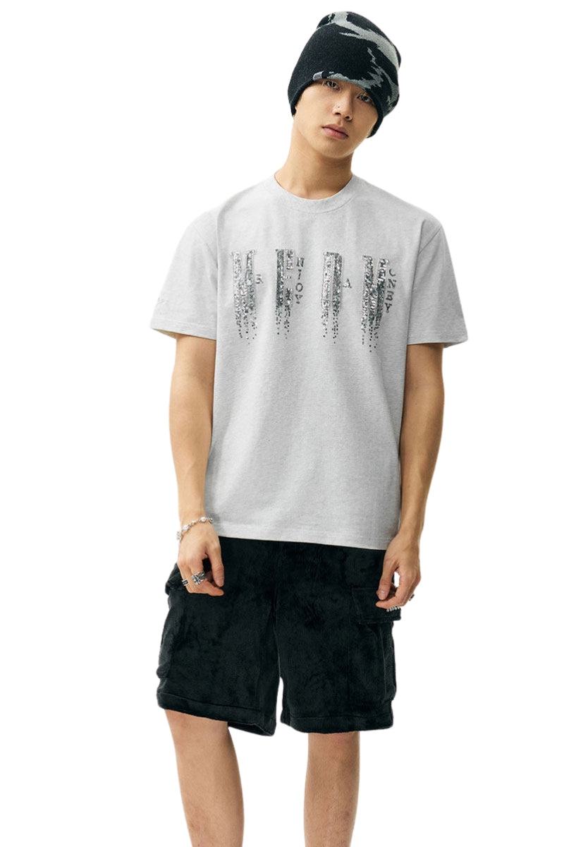 MEDM Sequin Phantom Letter Loose Crew Neck T-Shirt Unisex