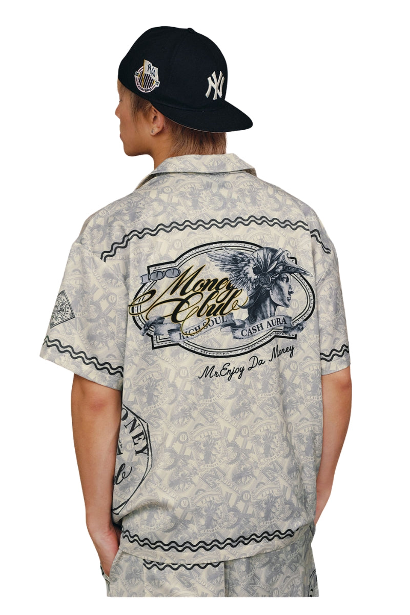 MEDM All Over Dollar Print Cuban Collar Embroidered Shirt