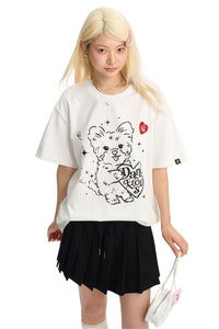 Dangerouspeople DSP Cat Dog Heart Print Drop‑Shoulder Unisex T‑Shirt