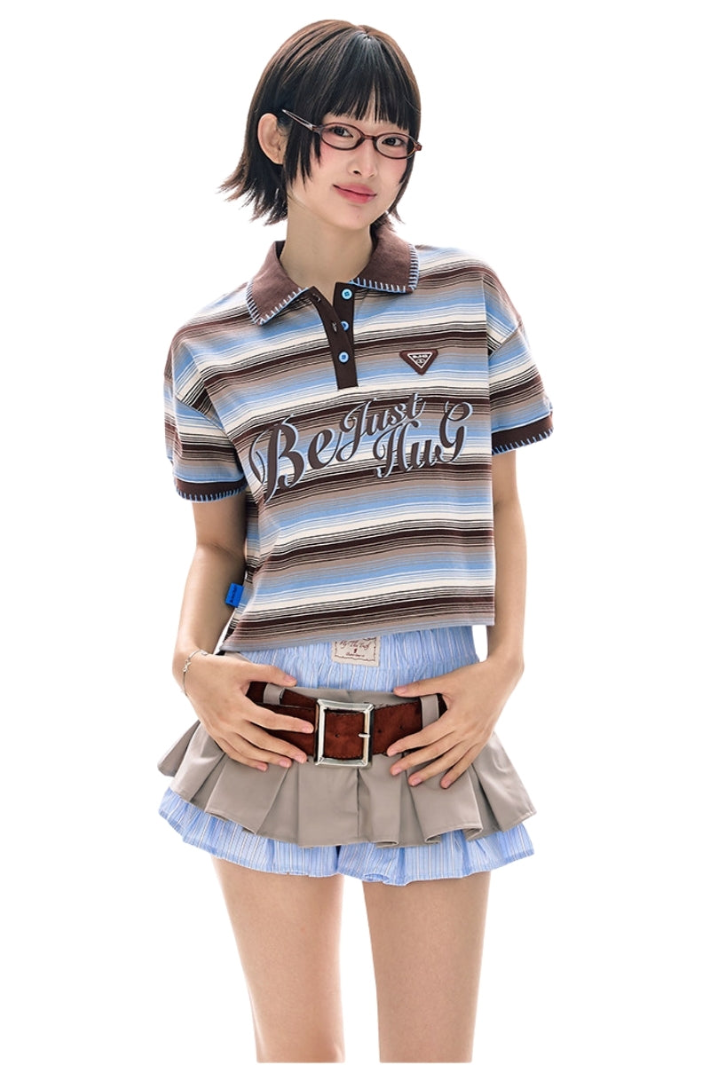 BJHG Summer Retro Women T‑Shirt Striped Collared Color‑Block Polo Casual Fashion Top
