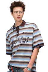 BJHG Summer Couple Polo Shirt Preppy Striped Collared Short‑Sleeve Casual Top