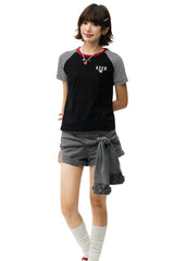 MEDM Stripe Raglan Embroidered Logo Loose T-shirt Women