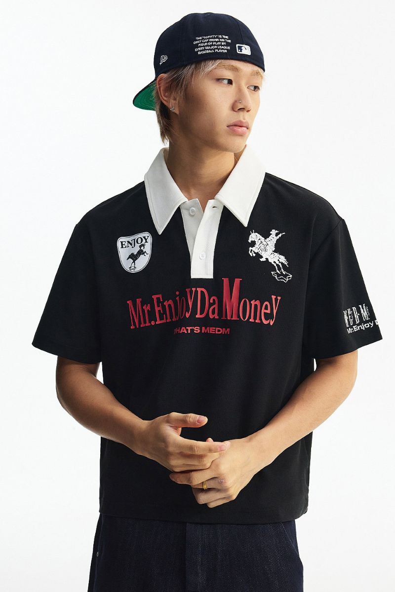 MEDM Wild Horse Embroidery Contrast Panel Loose Short Sleeve Polo Shirt
