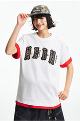 MEDM double skin leopard print chest four-word short sleeve T