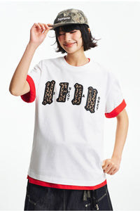 MEDM double skin leopard print chest four-word short sleeve T