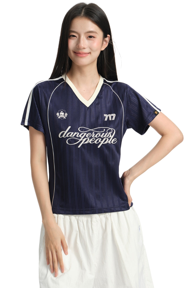 DangerousPeople DSP Color‑Block V‑Neck Letter Print Retro Sport Women Casual T‑Shirt
