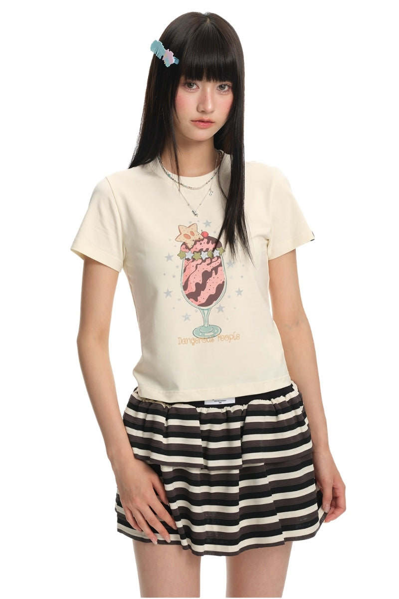 Dangerouspeople DSP Glitter Ice‑Cream Print Women Retro T‑Shirt