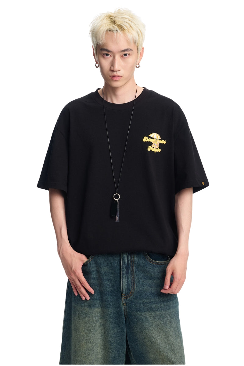 DangerousPeople｜Sunset Beach Small‑D Print Drop‑Shoulder Couple T‑Shirt