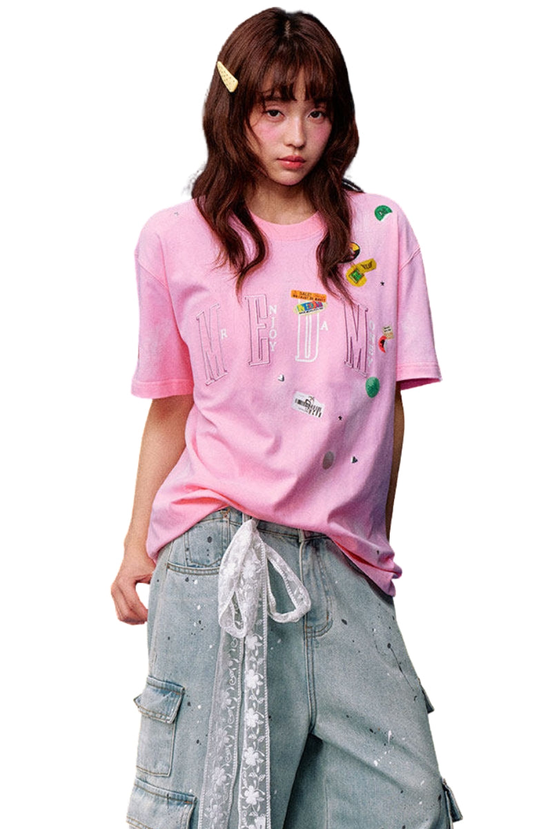 MEDM Sticker Label Patch Embroidery Unisex Cotton T-Shirt