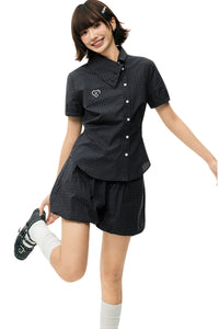 MEDM Heart Embroidery Plaid Cropped Shirt Women Slim Short Sleeve Top