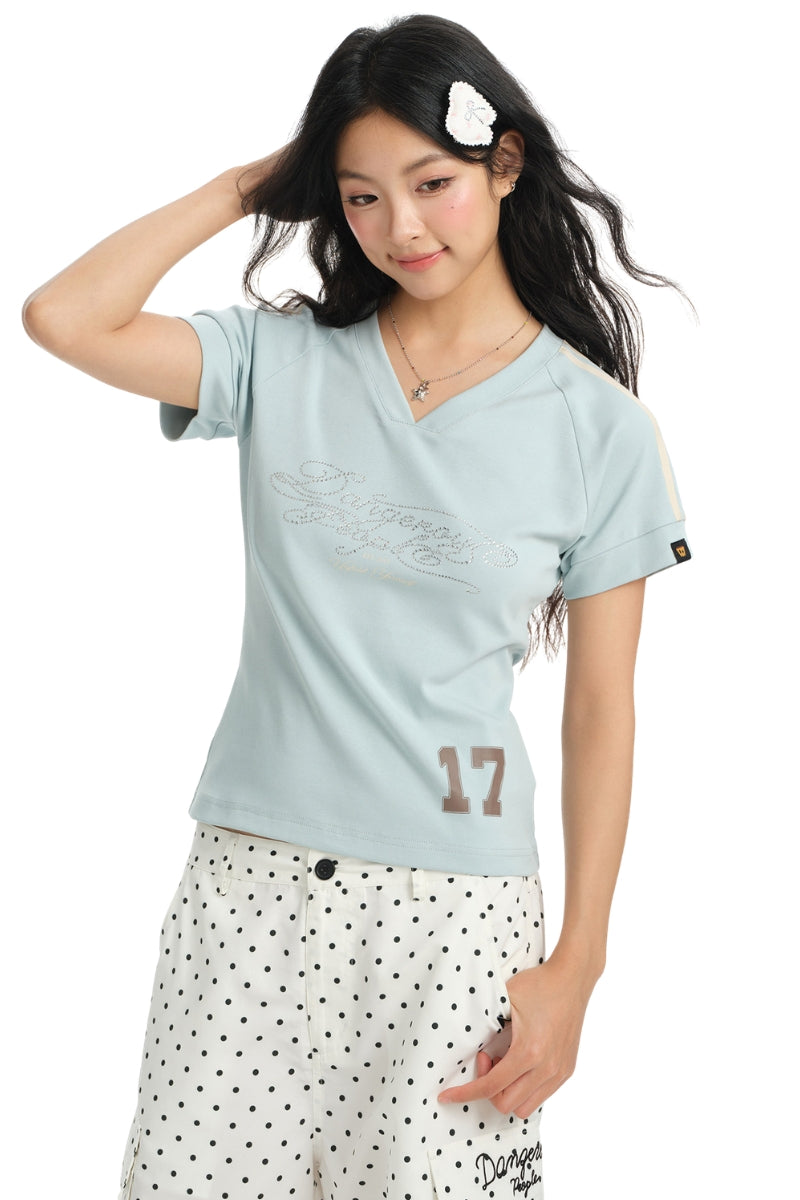 DangerousPeople｜V‑Neck Letter Print Vintage Jersey‑Style Cool‑Touch T‑Shirt