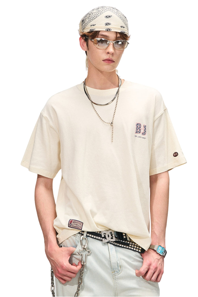 BJHG Men's Vintage Washed Print Jersey Short‑Sleeve Tee
