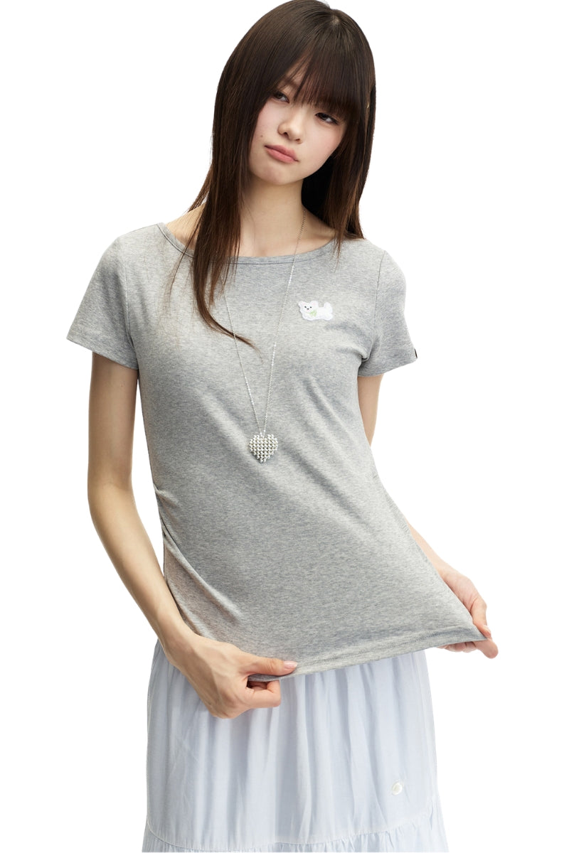Dangerouspeople DSP Stretch Knit Embroidered Dog Slim Waist Fitted Tee