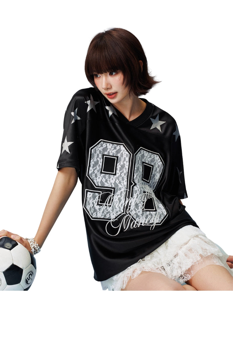 MEDM 2026 Star Number V-Neck Jersey Women Sporty Loose Short Sleeve T-Shirt