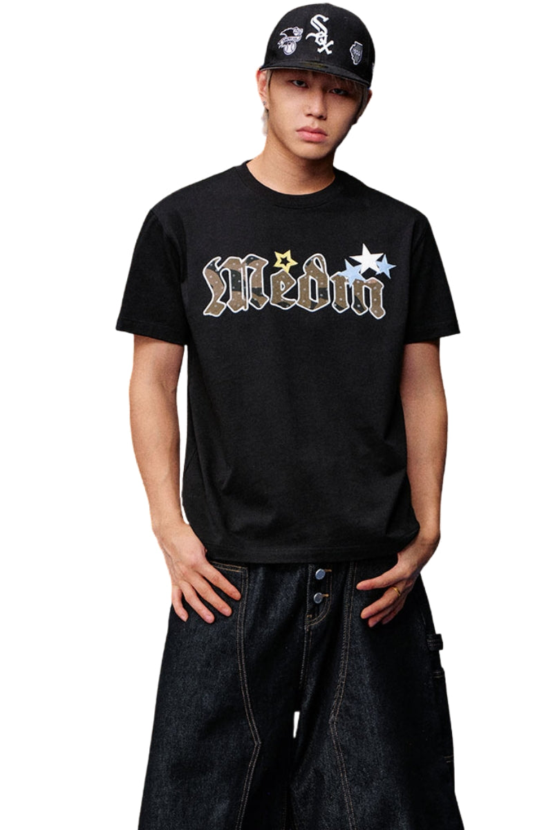 MEDM Leather Star Camo Dot Patch Embroidery Men Heavyweight T-Shirt