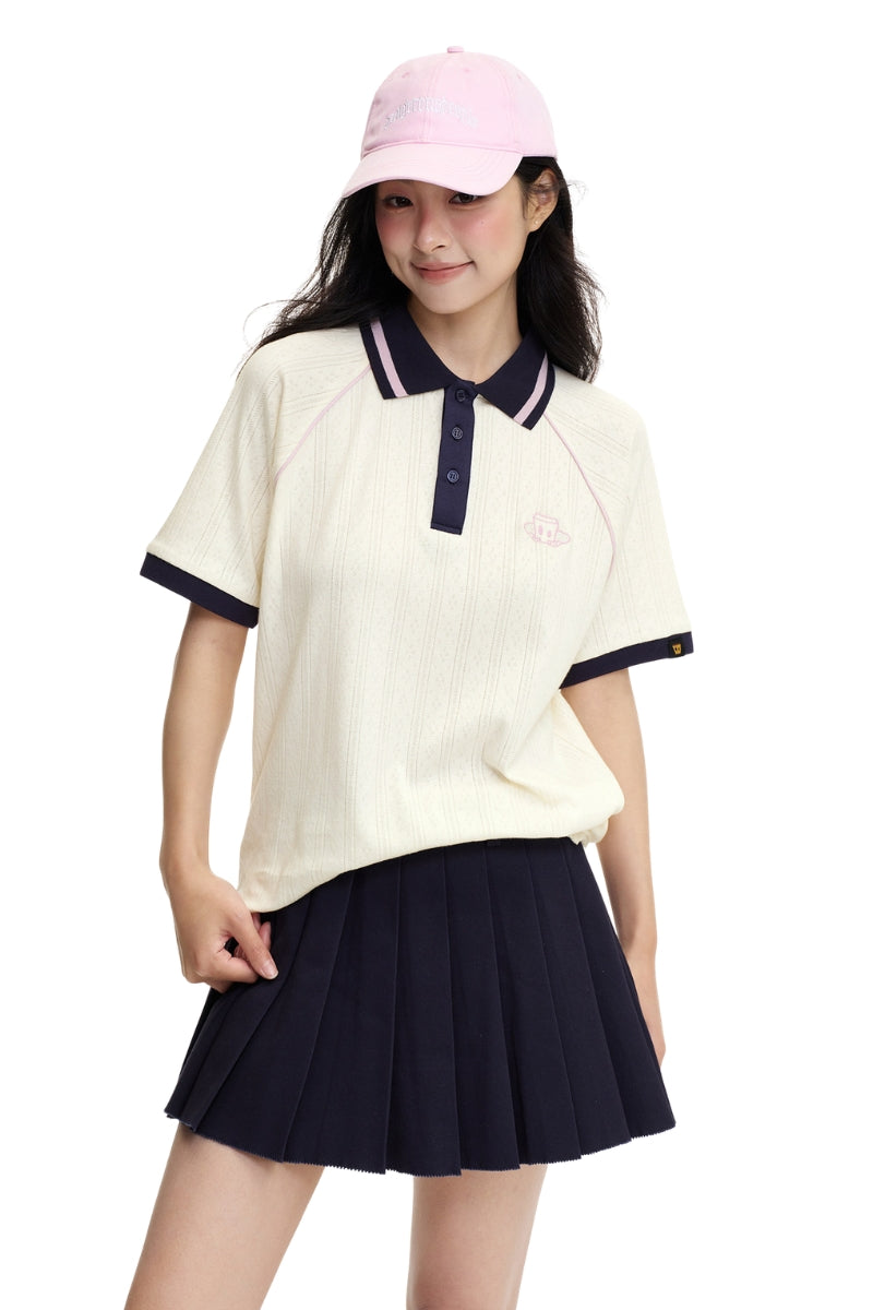 DangerousPeople DSP｜Boxy Fit Color‑Block Raglan Sleeve Vintage College Polo Tee