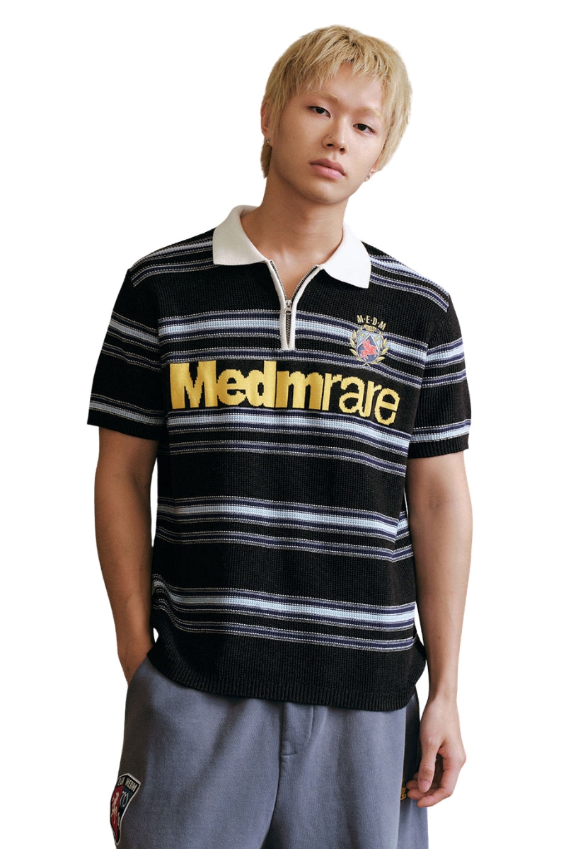 MEDM Striped Zip Polo Contrast Embroidery Couple Tee