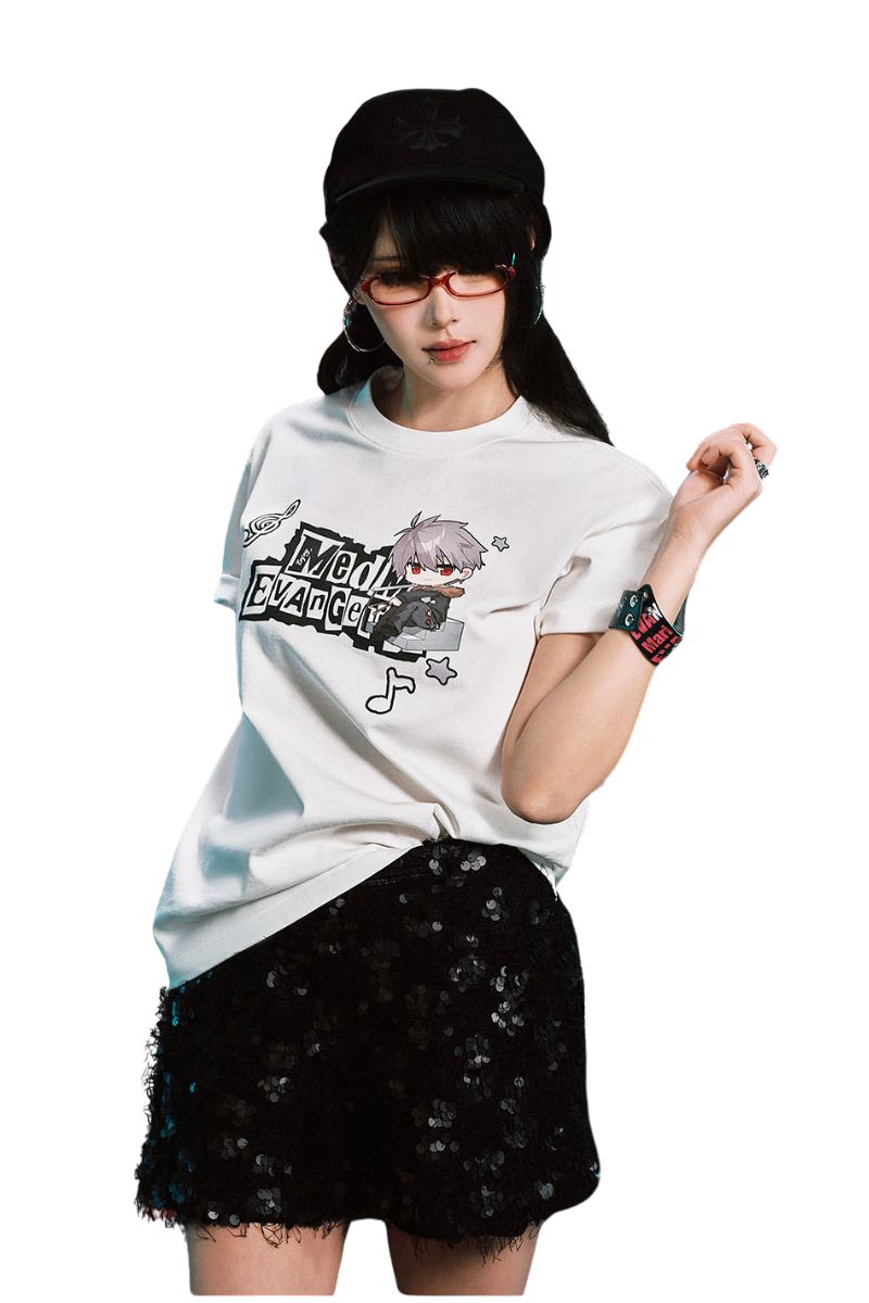MEDM x EVA NEVER END Chibi Music Note Print Basic Crew Neck Tee