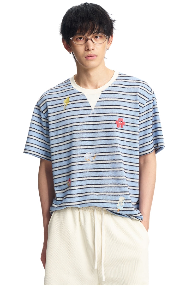 Dangerouspeople DSP Fun Embroidery Dessert Stripe Drop‑Shoulder Unisex T‑Shirt