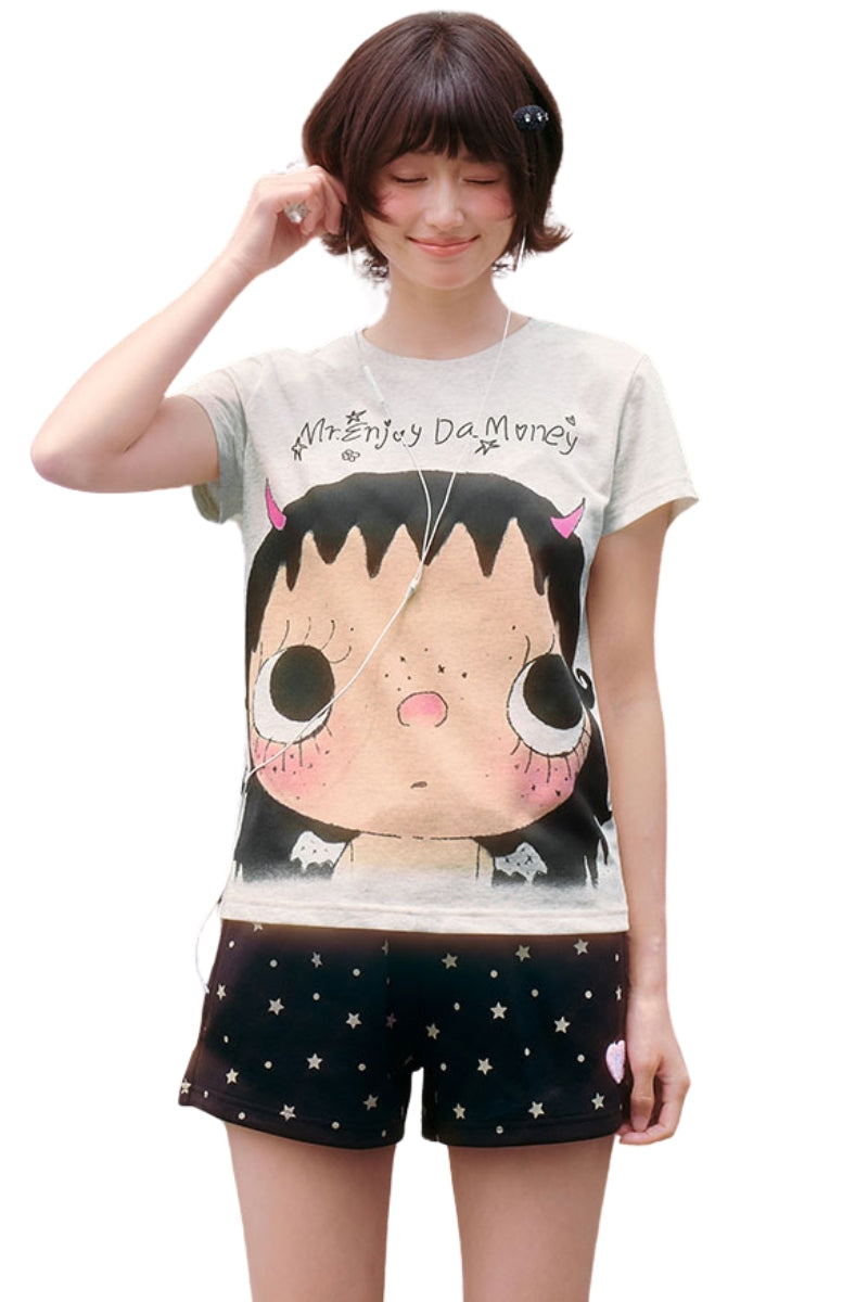 MEDM X YUY Yu Big Face Print Women Slim Fit Crew Neck T-Shirt